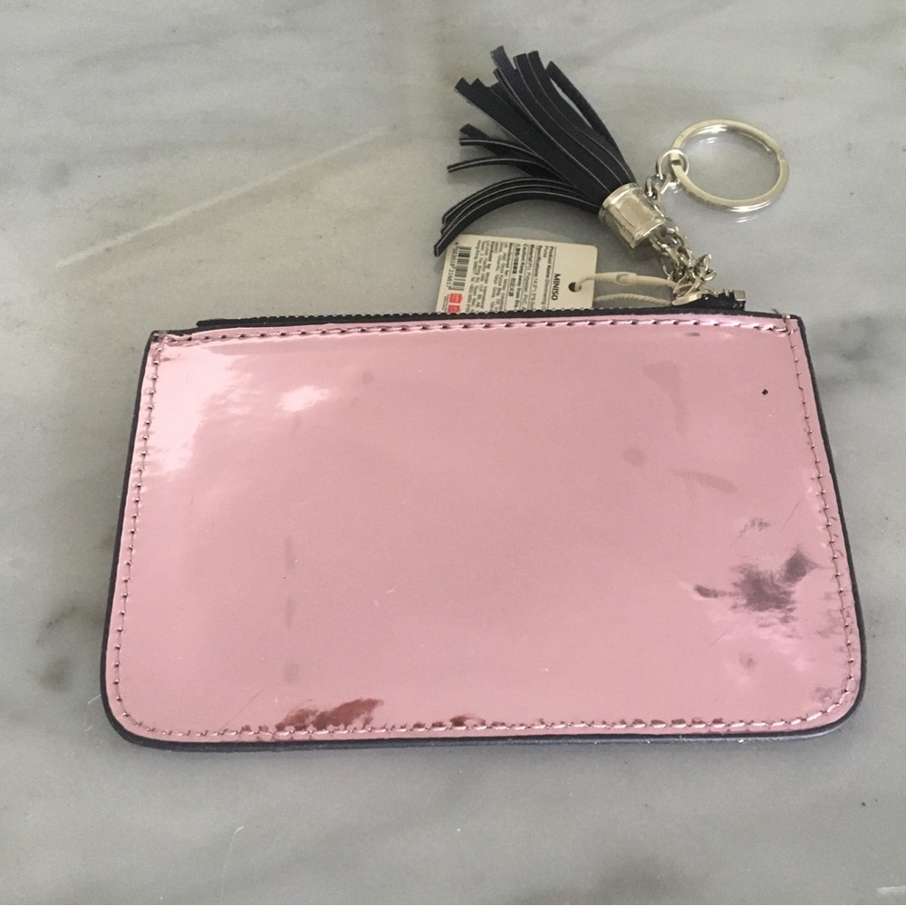 NEW w/tag: Shiny pink metallic mini-wallet w/zip, card pocket, key chain, tassel
